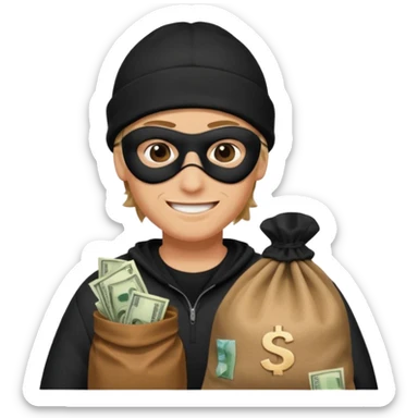 smiley robber wears black eye mask and black beanies with money bag beside him sticker