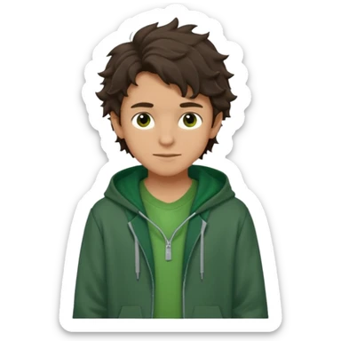a 14 year old slightly tanned teenage boy with dark brown tousled wavy hair, dark brown eyes wearing a green tshirt, with a dark green hoodie overcoat. smirking. full body sticker