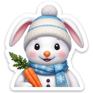 The detailed digital illustration shows a snowman in a Christmas hat and scarf. The snowman is depicted in close-up. Next to it is a cute bunny who wants to depict a snowman and holds a carrot with his paws at the level of his nose, thereby demonstrating to the snowman that his nose looks like a snowman's nose. The snowman is joyful, looks lovingly at the mischievous bunny. Snowflakes are falling from the sky, the whole scene should have a soft and cozy winter aesthetic. The style of this illustration is the same as that of the famous artist Evgenia Gapchinskaya. sticker