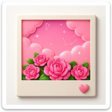 A polaroid picture with pink roses and a pink sky with stars and clouds, in 3D iOS style, with a white background, with more details. sticker