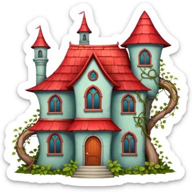 an old magic house with Tall crooked building with red roof.

 sticker
