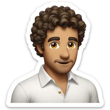 A waist up shot of a handsome tan man with dark brown short curly hair wearing a white shirt and a gold watch sticker
