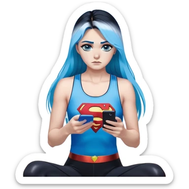 Shameful disappointed crying-very very very very big chest-texting on a samsung cell phone-very long straight flowing black to sky blue hair ombre-blue eyes-black eyeliner-long eyelashes-plastic sparkling sky blue very low cut tank top with sparkling superman logo-black leggings-nike sneakers sticker