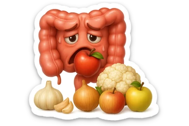 EMOJI STILE IPHONE DI UN INTESTINO UMANO IN CRISI PERCHé STA MALE, IN BOCCA HA UNA MELA E DAVANTI A LUI C'è UNA MONTAGNA DI aglio, cipolle, cavolfiore e mele, IPERREALISTICO 4K sticker