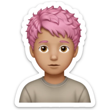 boy with short, curly pink hair, light brown skin, and a neutral facial expression. sticker