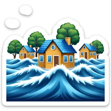 showing a flood disaster scene with powerful blue water waves overflowing around small houses and trees, dark cloudy sky, heavy rain falling, dramatic yet simple design sticker