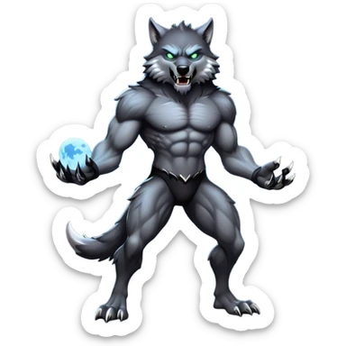 cinematic-noble-fierce-werewolf-full body-emoji, poised-and-imposing, with a tall, slender, muscular frame, fur rippling in shades of midnight black and silver, eyes glowing with an intense, primal ferocity, reflecting the untamed power of the wild moonlit night; rendered with realism sticker