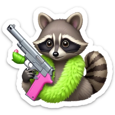 Raccoon wearing a lime green boa holding a pink gun sticker