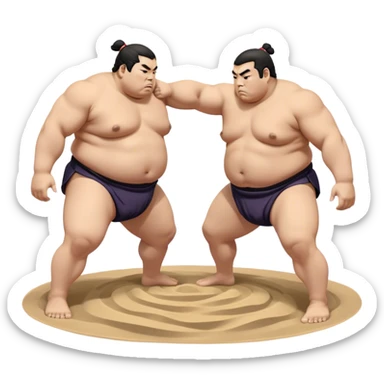 Sumo Wrestling – Cinematic Realistic Sumo Wrestling Scene, featuring a powerful sumo wrestler in traditional mawashi engaged in an intense bout on a sandy dohyo, muscles tensed and sweat glistening under dramatic arena lighting, capturing the raw energy and tradition of the sport. sticker