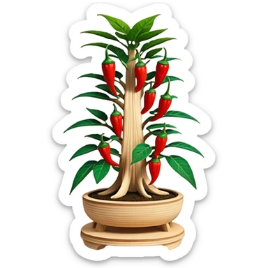 Very Large decorative alien-futuristic multi-tier space-efficient plant rack, which holds bonsai tiny hot pepper plants, constructed from plywood sticker
