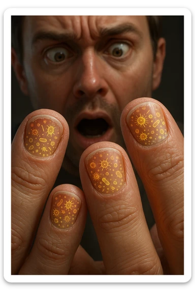 "Close-up macro shot of man's fingernails with transparent overlay showing dense colonies of bacteria, viruses, and parasites thriving in nail beds, millions of pathogens visible as glowing microscopic organisms, expression of shock as he examines his hands under magnification, nail debris containing more germs than toilet water, fingertips becoming mobile germ factories" sticker