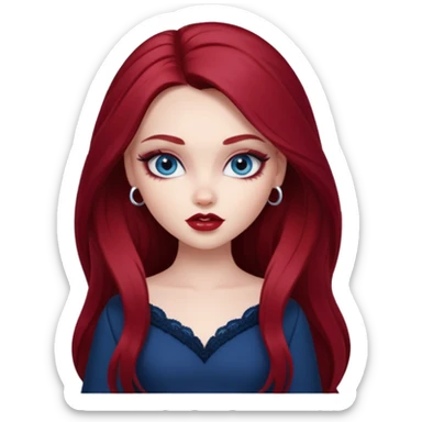 pale skin, girly bratz baddie, beautiful dark blue eyes, pretty makeup, long dark red hair sticker
