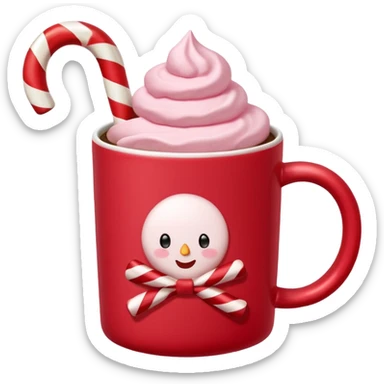hot chocolete with pastel pink marshmallows in red christmas mug and candy cane, trendy aesthetic sticker