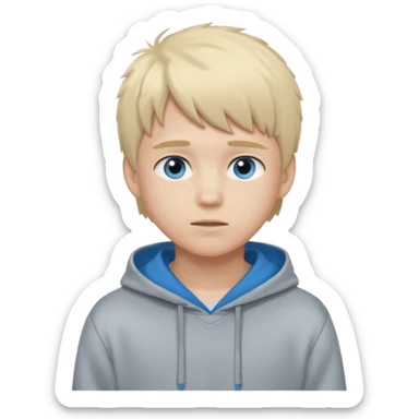 Teen boy with blue eyes and Grey hoodie standing up with blond short hair and fluffy bangs sticker