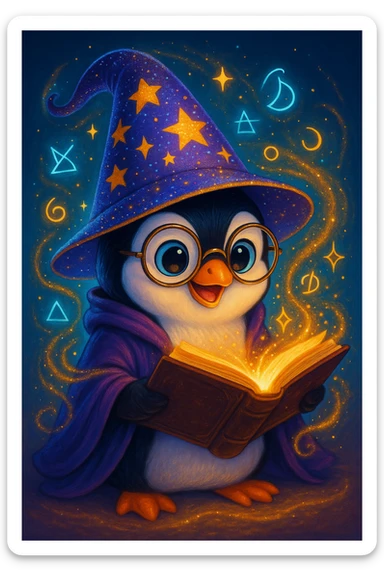 Increase the magic of the penguin wizard by adding swirling sparkles, a glowing spellbook, floating magical symbols, and a sparkling hat brim, in a modern digital art style. sticker