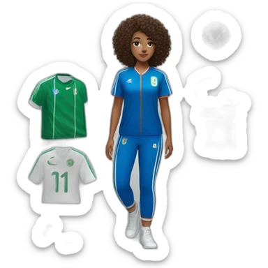girl curly hair and a Algeria jersey and jogging blue, Nike blazer blue and swoosh blue who says goodbye sticker
