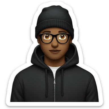 A 17 year old man with a black hoodie, black beane hat and par off glasses make it in style of apple emoji sticker