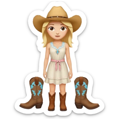 Please give me the woman standing emoji with a peach skin tone, medium length blonde hair, and dark brown eyes. Please make her wear a white sundress and brown cowgirl boots sticker