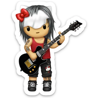 Hello kitty wearing rockstar tanktop with thunder tatoo on the face with x japan hair style holding the elec guitar sticker