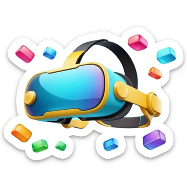 Show a VR headset or AR glasses, symbolizing the immersive experience. Include virtual objects or a 3D scene floating in the air in front of the headset. Use modern, tech-inspired colors. Do not include any emojis or smiley faces. Make the background transparent. sticker