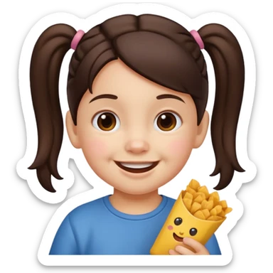 Toddler emoji with two pigtails dark brown hair, fair skin, holding snacks sticker