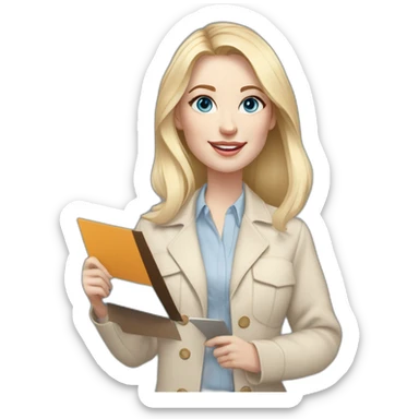 pale skin woman interior designer with cold blonde middle length hair, blue eyes, beige blouse, White oversize jacket, Gray skirt holding a color palette in the hands sticker