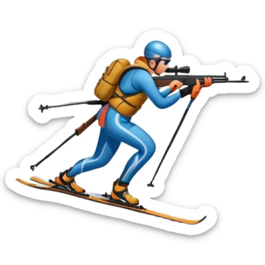 An icon featuring a biathlete skiing along a winding trail with a rifle on their back, surrounded by a beautiful snowy landscape with mountains and pine trees. A target range appears in the distance. Transparent background highlights the blend of endurance, precision, and winter beauty. sticker
