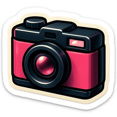 black and pink camera, cheerful and cool, vintage sticker look sticker