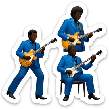 Icon for Blues Music: close-up collage of legendary blues artists. Gary Moore, Eric Clapton, B.B. King and Joe Cocker. Represented by silhouettes or symbolic items like guitars, microphones, or music notes, reflecting the soulful energy of blues music. Transparent background. sticker