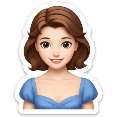 Cinematic Radiant Belle Portrait Emoji, rendered in a realistic, vector style with clean proportions. Show Belle with a warm, welcoming smile, delicate fair skin, and elegantly styled brown hair, wearing her timeless blue dress. The image radiates a soft, enchanting glow, high shine, and is enhanced by a soft glowing outline that accentuates her gentle charm. sticker