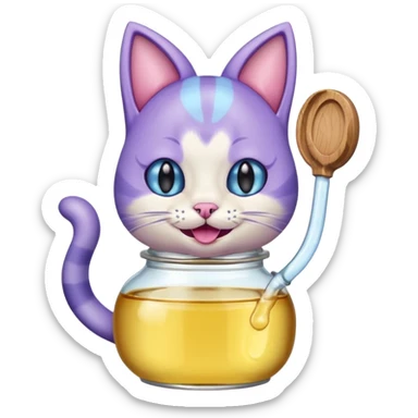 Smiling bottle of oil light purple top and light blue sticking tongue out and with cat ears sticker
