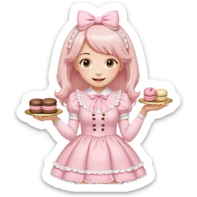 a kawaii girl in a pastel pink lolita hime gyaru dress, smiling and holding a macaron, emoji style sticker