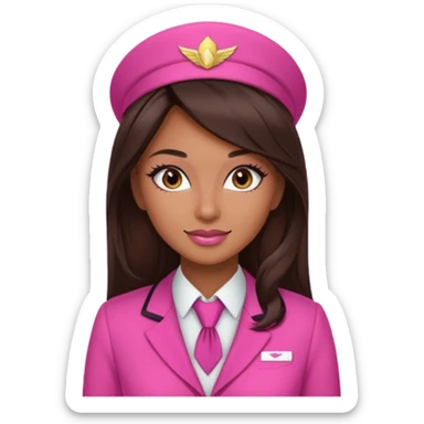 Flight attendant with pink outfit tan skin long dark brown hair with highlights pretty makeup long lashes sticker