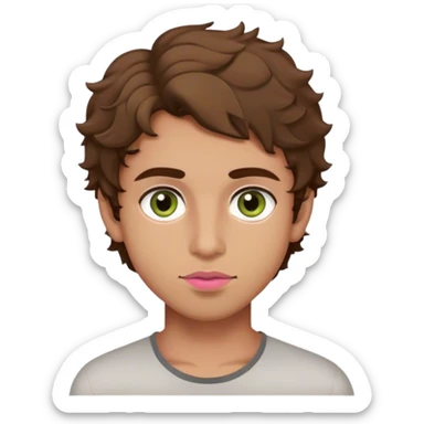 Pakistani boy  with hazel green eyes, brown hair slightly curly, and olive skin and masculine face, and pink lips and no makeup sticker