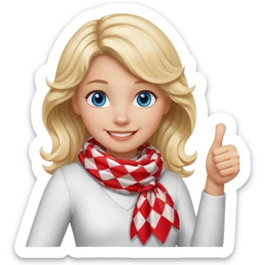 Blonde Girl, Blue Eyes, wavy hair, smiling, thumbs up, wearing red Checkered Triangle scarf, white dress sticker