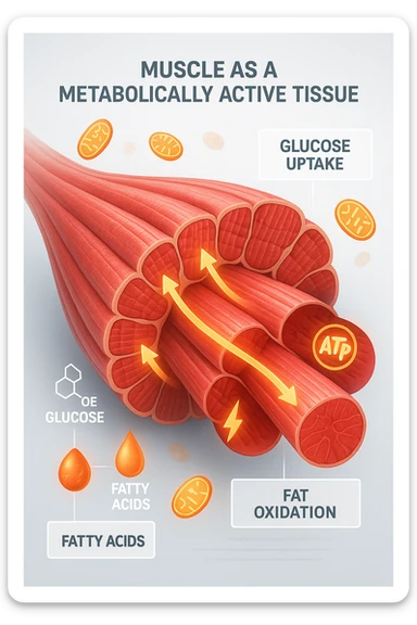 a highly detailed cross-section of human skeletal muscle fibers, shown in vibrant red and pink tones, with visible striations and realistic texture. Glowing arrows and animated icons represent active metabolic processes—such as glucose uptake, fat oxidation, and ATP production—occurring within the muscle tissue. Surrounding the muscle, floating symbols for mitochondria and energy highlight its metabolic activity. The background is clean and clinical, with subtle labels and infographics explaining that muscle is a metabolically active tissue. The overall style is modern, scientific, and visually engaging, suitable for educational or medical use. sticker