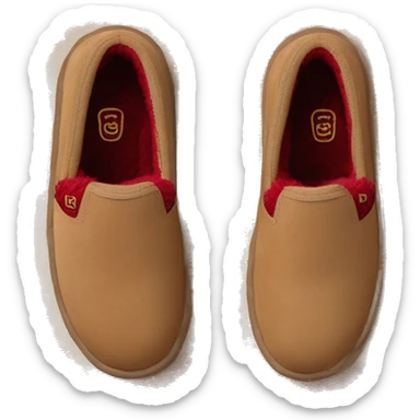 Camel color platform slip-on UGG slippers. thin red woven zig-zag trim line detail on the cuff sticker