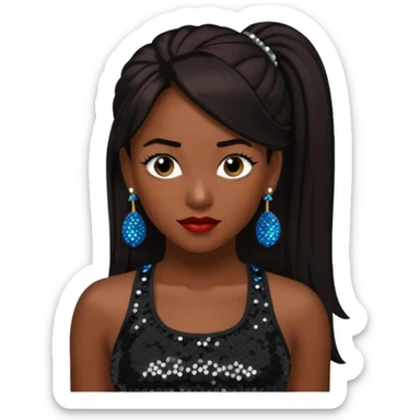 Chilli from TLC with long dark brown ponytail hair, black sequin crop top, black earring, dark skin sticker
