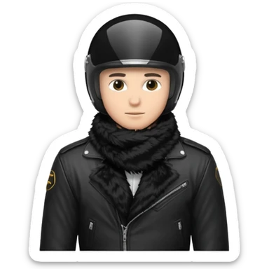 un homme avec un casque de moto totalement noir avec une écharpe en fourrure noir une chemise blanche et une jacket noir sticker