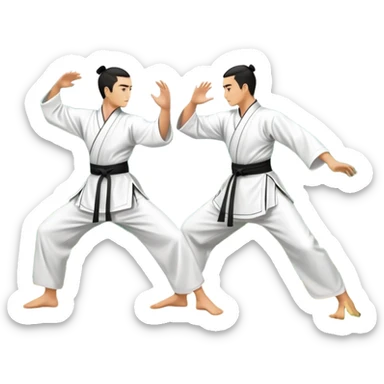 Two martial artists in traditional Wushu attire, performing elegant, fluid moves. The background shows a peaceful, scenic landscape with mountains and bamboo trees, symbolizing the balance of power and grace in Wushu.  sticker