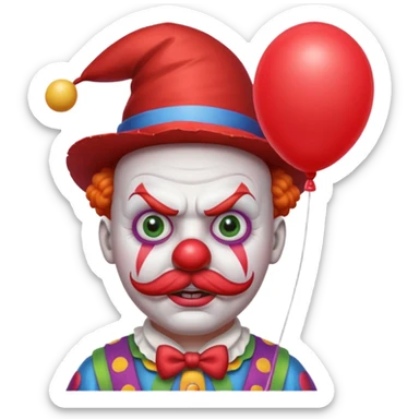 Angry clown — furrowed brow, mustache, tiny hat, hold red balloon sticker