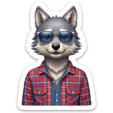 head and shoulders friendly anthropomorphised wolf in plaid shirt and jeans, wearing dark sunglasses, relaxed pose sticker