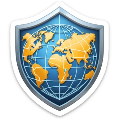 A secure VPN logo with shield, network connections and a globe sticker
