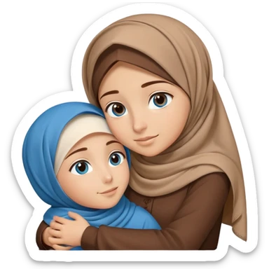 Turkish beautiful finish Konya girl blue eyes with brown beige hijab islamic dress and hugs with a boy brown haircut brother  sticker