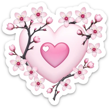 goth sakura heart, white heart with sakura branch and blossoms, pink highlights sticker