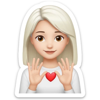 Beautiful girl. Platinum-colored hair just below the shoulders, straight, brown eyes, sweet smile. Hands in the shape of a heart. sticker