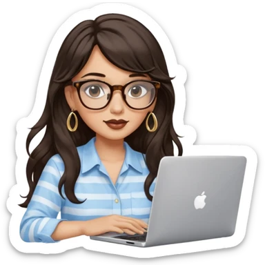 A woman with long wavy dark brown hair and a whispy bang, wearing thick tortoise SQUARE glasses, gold drop earrings. She has long lashes and a nude browny glossy lipstick. She's wearing an oversize light blue shirt with white vertical strips. She's working on a laptop sticker