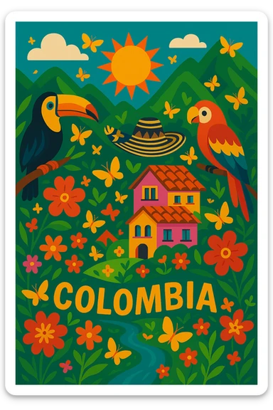 Add magical yellow butterflies throughout the scene, blending them naturally with the vibrant, magical Colombian landscape in a vibrant toon style. sticker