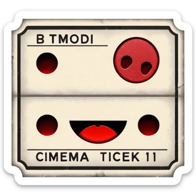Minimalist emoji-style sticker of an old torn cinema ticket, blood-stained edges and burn holes, grayscale paper

 sticker