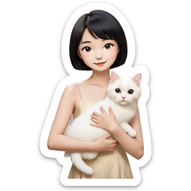 A young Chinese woman with a sun-kissed complexion and short black hair, styled in a chic bob cut, wearing a stylish spaghetti-strap dress. She gently holds her fluffy white Ragdoll cat。Her expression is happy and joy as she embraces her beloved pet. The background is softly lit with a dreamy and elegant atmosphere, highlighting the textures of her silky dress and the cat’s plush fur. The overall mood is serene, cozy, and full of love." sticker